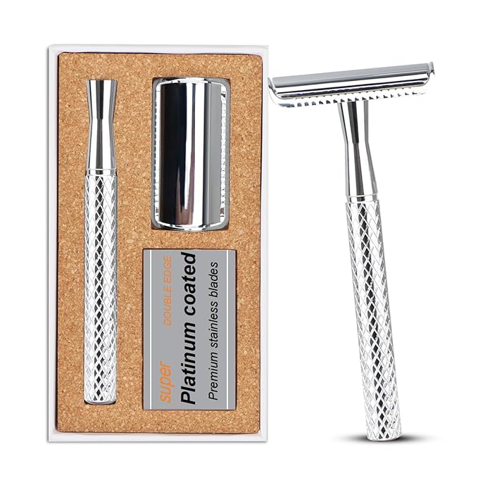 Bright Silver Safety Razor - Single Blade Razors for Men - Reusable Metal Razor, with 5 Stainless Steel Double Edge Blades, Smooth Close Shave, Sustainable, Plastic Free
