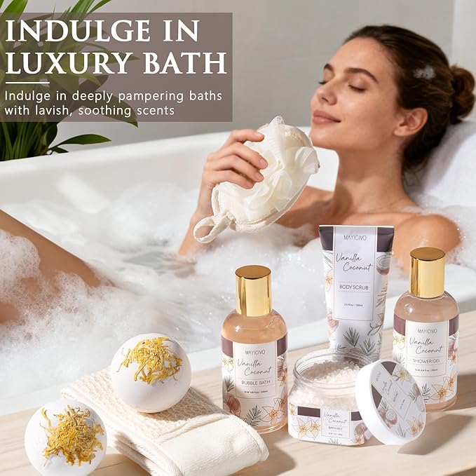 Christmas Birthday Gifts for Women, Vanilla Coconut Relaxing Spa Gift Baskets for Women Self Care Package Bath Gift Set, Home Bath and Body Kit Pampering Gifts for Womens Mom Her Friends Sister Wife