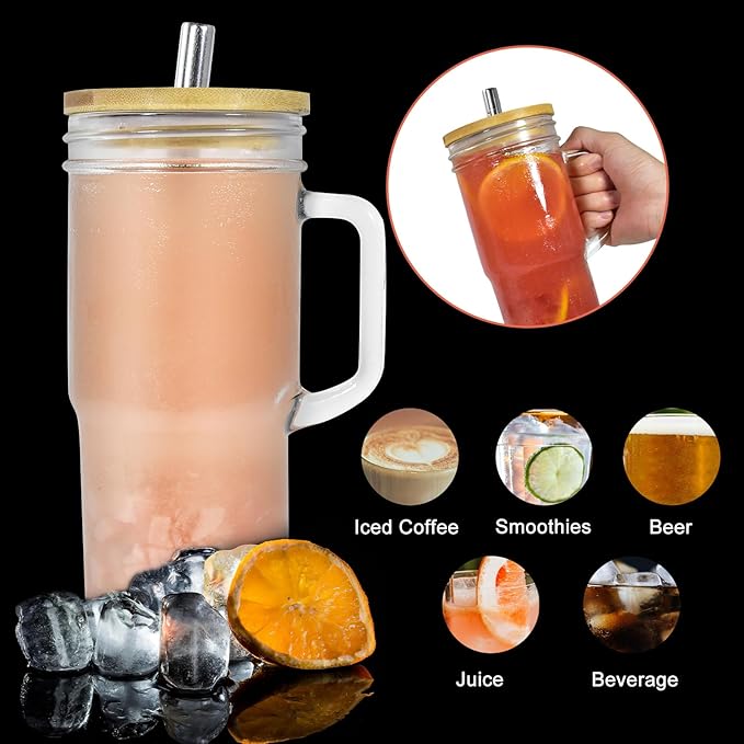 2Pcs Glass Cups with Lids and Straws, 24oz Mason Jar Iced Coffee Cup Drinking Jars Glasses Tumbler with Handle Bamboo Lids Wide Mouth Travel Mug for Bubble Tea, Iced Coffee, Smoothie, Beer