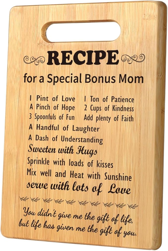Bonus Mom Birthday Gifts from Daughter Son, Gifts for Bonus Mom Christmas, Unique Gift for Stepmom, New Mom, Stepmother, Best Gifts for Mom Recipe for a Special Bonus Mom Cutting Board