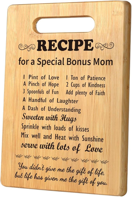 Bonus Mom Birthday Gifts from Daughter Son, Gifts for Bonus Mom Christmas, Unique Gift for Stepmom, New Mom, Stepmother, Best Gifts for Mom Recipe for a Special Bonus Mom Cutting Board