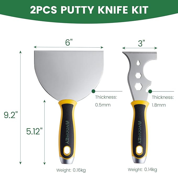 Voomey 6 Inch Stainless Steel Putty Knife, 12 In1 Paint Scraper, Drywall Taping Knife 2 Pack, Paint Scraper Tool for Repairing Old Walls, Cleaning Paint Roller Covers, Applying Putty