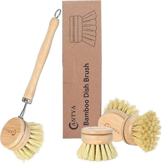 Bamboo Dish Brush with Handle 4 Replacement Heads, Eco-Friendly Potato Scrubber, Compostable & Sustainable, Bamboo Dish Scrubber Brush for Cleaning Kitchen Utensils(Soft Bristles)