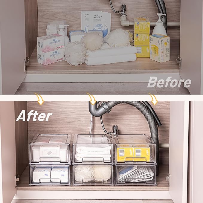 PeJeyiee 2 Pack Stackable Pull-Out Storage Drawers，Plastic Clear Organizer Bins with Handles，Easily Clean for Craft, and Toy Organization，Kitchen Undersink，Cabinet，Fridge，Closet，Pantry，Office，Bathroom