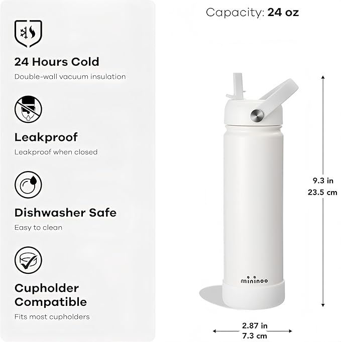 Mininoo Insulated Stainless Steel Water Bottle with Straw, Ceramic-Lined, BPA-Free & Leak-Proof, 24 oz, White