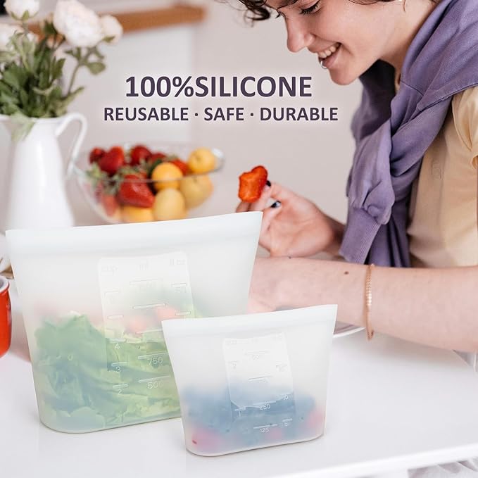 12-Pack Reusable Silicone Food Storage Bags, 100% Silicone Stand-Up Wide-Open Zip-Lock Reusable Storage Bags for Food, Freezer Microwave Oven Dishwasher Safe, Translucent, 4L 4M 4S
