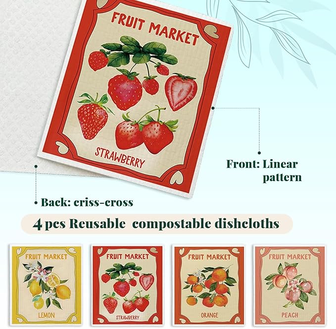 Swedish Dishcloths for Kitchen, Pink Strawberries Peach Orange Lemon Swedish DishCloths for Summer Friut Market, 4 Pack Dish Towels for Kitchen, Papaya Reusable Paper Towels Washable
