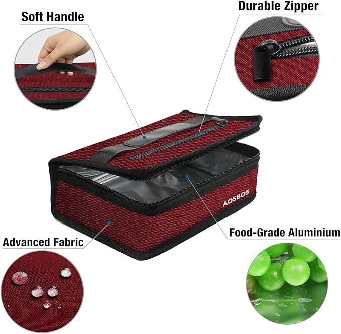 Aosbos Small Insulated Lunch Bag for Women - Compact Lunch Box for Portion Control, Work & Office, Wine Red