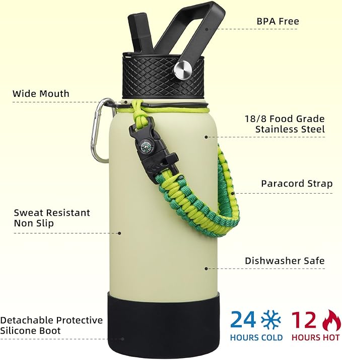 BJPKPK 32oz Insulated Water Bottles with 3 Lids, Paracord Handle & Non-slip Boot, Stainless Steel Metal Water Bottle,Reusable BPA Free Thermal Flasks,Macaron Green