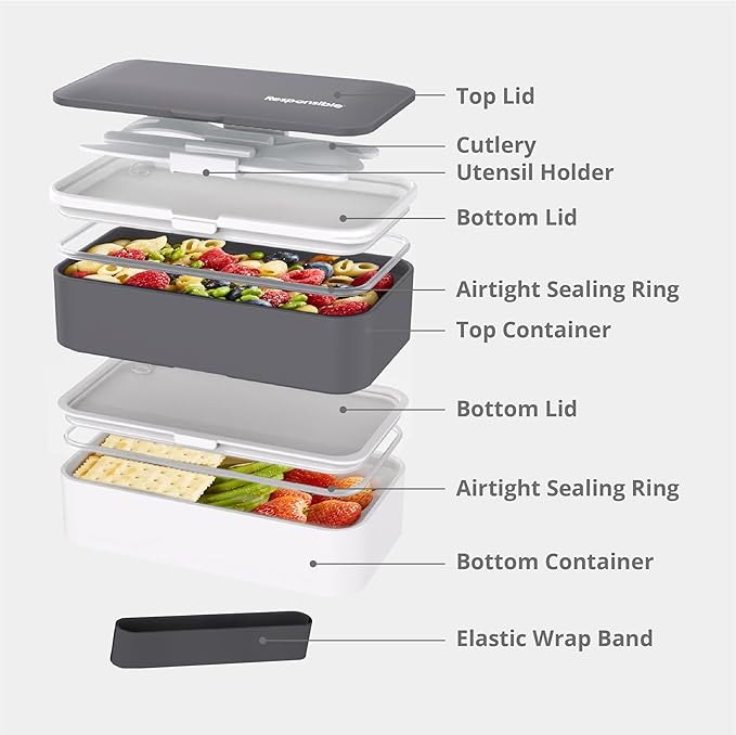 Responsible Products Leak Resistant Bento Box with Tableware for Adult - Teens, Insulated Lunch Box for Women - Men - Girls - Boys, BPA Free, Dishwasher Safe, Microwave Safe, Freezer Safe, 46 oz