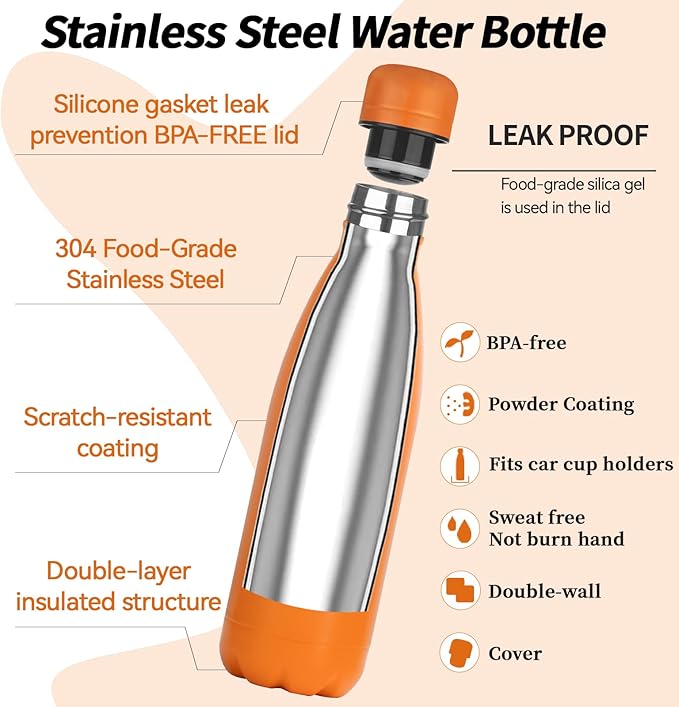 OWS 17oz Insulated Water Bottles Bulk 1/2/4 Pack, Metal Sports Water Bottles, Double Wall Vacuum BPA-Free Flask for School, Sports(rose gold 1pc)