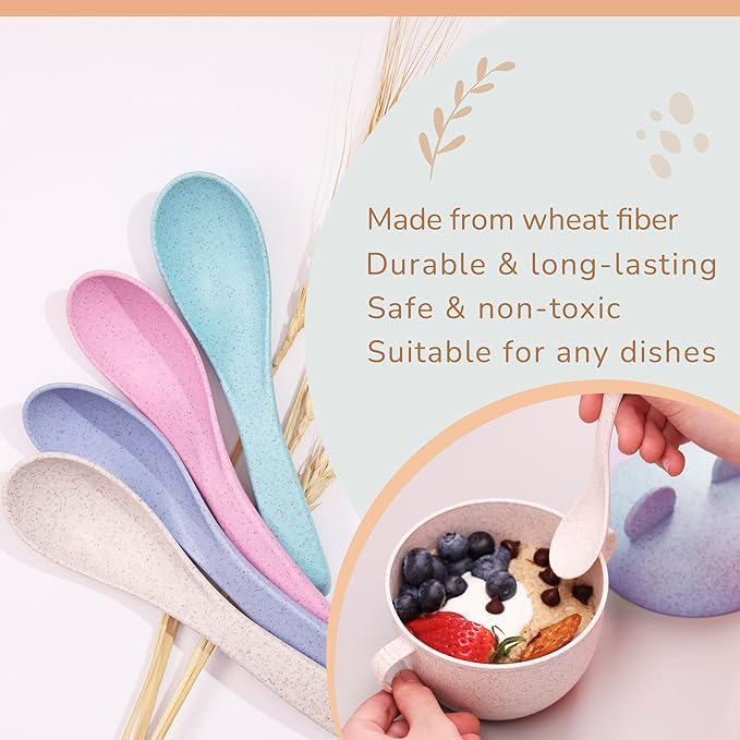 Wheat Straw Travel Spoon Set - 4 Spoons Camping Utensils - Portable Silverware for Lunch Box - Eco Friendly - Reusable Utensils
