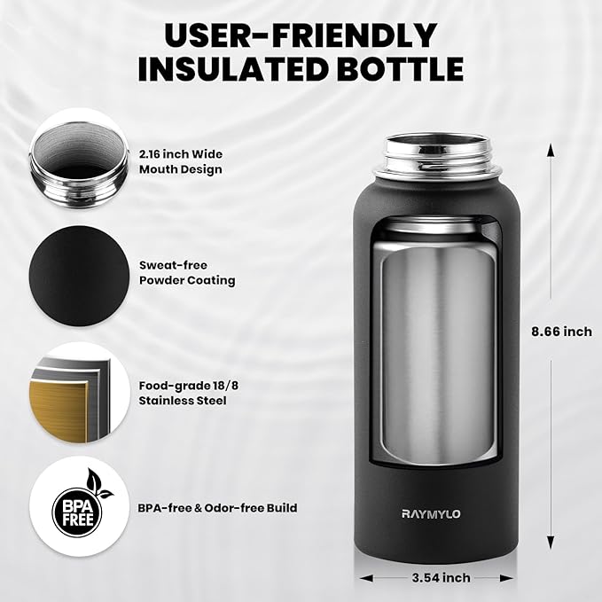 Insulated Water Bottle 32 oz, Triple Wall Vacuum Stainless Steel (Cold for 48 Hrs), Leak Proof & Non-BPA, Modern Water Flask Jug with Paracord Handle & Straw Spout Lids, Magic Black
