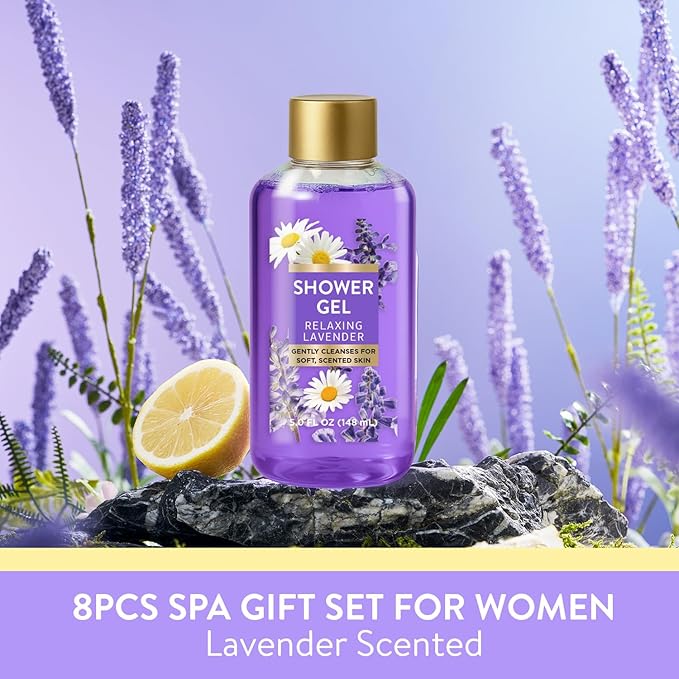 Christmas Gifts for Women, 8 piece Lavender Gift Sets for Women with Bubble Bath, Relaxing Spa Gifts for Wife, girlfriend and Mom, Bath Gift Baskets Set with Body Scrub, Body Lotion, Hand Cream