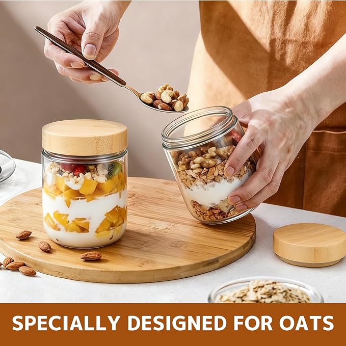 4-pack 10oz Overnight Oats Containers with Bamboo Lids, Wide mouth Mason Salad jars, Glass Jars with Airtight Lids for Meal Prep, Glass Food Storage Container for Snack Yogurt Sugar Spice