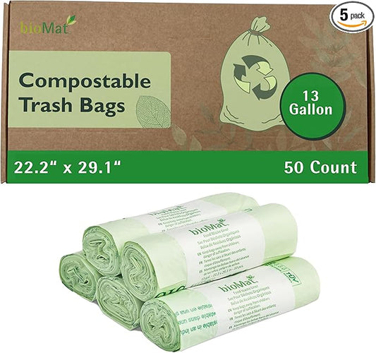 bioMat 13 Gallon Compostable Compost Liners, 50 Count, BPI ASTM D6400 and CMA Certified, Compostable Tall Kitchen Garbage Bags, Trash Bags for Food Waste