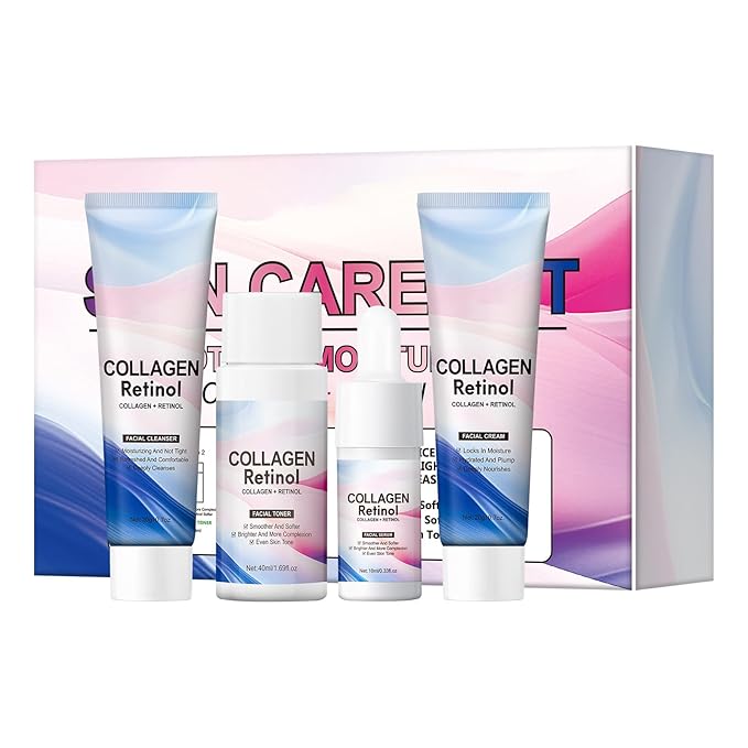 Travel Skincare Set,Collagen Retinol Face Wash, Toner, Anti-Aging Serum & Moisturizer Cream Travel Essentials Toiletries Kit for Women, Facial Cleanser & Skincare Gifts Set Skin Routine Kit