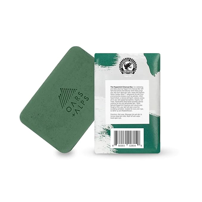 Oars + Alps Peppermint Charcoal Exfoliating Bar Soap for Men, Deep Cleaning & Exfoliating Soap, Made with Clean Ingredients, All Skin Types, Cruelty Free, Paraben Free, Travel Size, 6pk, 6oz