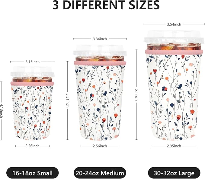 Iced Coffee Sleeve, Reusable Insulated Neoprene Cup Sleeve for Cold & Hot Drinks Beverages, Cup Holder for 22-24oz Coffee Cups,White Flowers