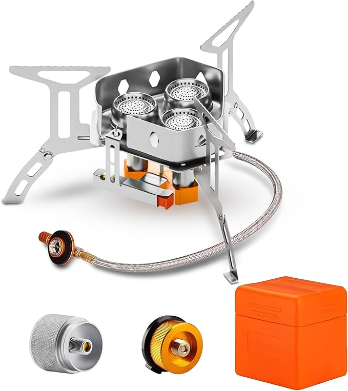 5000W Camping Stove, Backpacking Windproof Camp Stove with Piezo Ignition Carrying Case and 2 Additional Adapters, Compatable with Isobutane, Propane, Butane Tanks, Portable and Collapsible