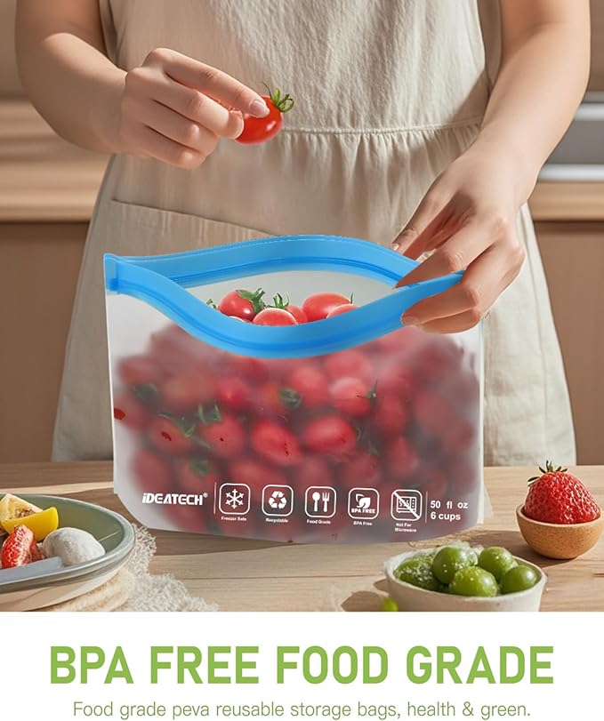 IDEATECH 10Pack Reusable Snack Bags Dishwasher Safe, Leakproof Reusable Freezer Bags, Food Freezer Storage Bags, Clear Small Resealable Baggies for Cookies, Candy (10Snack, Colored)