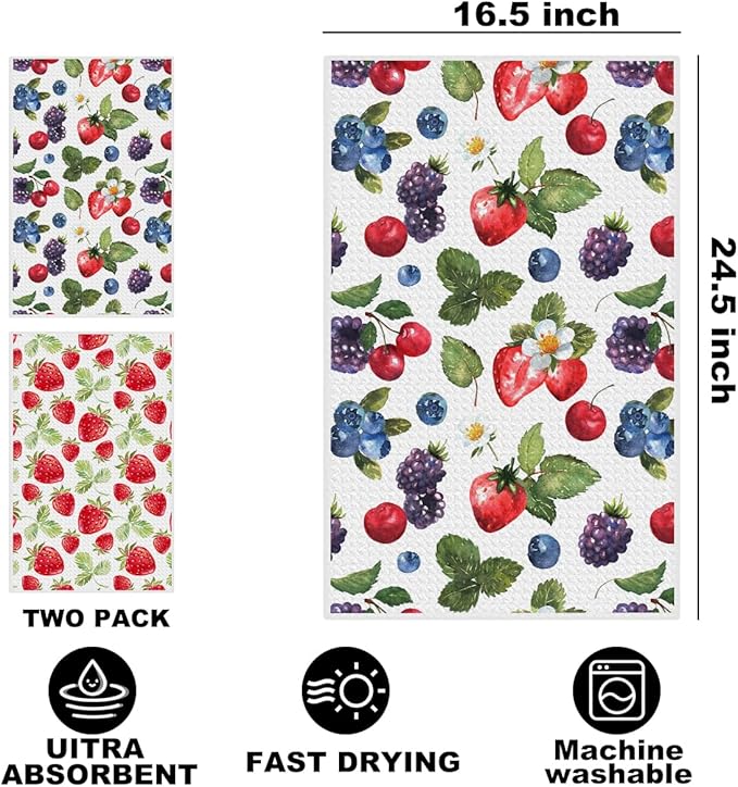 Jztco 2Pcs Strawberry Kitchen Towels 24x14 Inch, Summer Fruits Seamless Pattern Hand Towels for Kitchen Home Decor, Absorbent Microfiber Dish Cloth Tea Towel, Strawberry Gifts for Women Mom Grandma