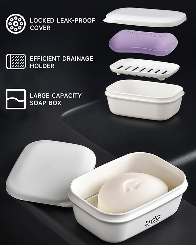 Travel Soap Case, Leakproof Soap Container with Lid, Portable Bar Soap Holder for Traveling, Soap Dishe for Bathroom, Shower, Gym, School, Camping, Vacation, Outdoor (White)