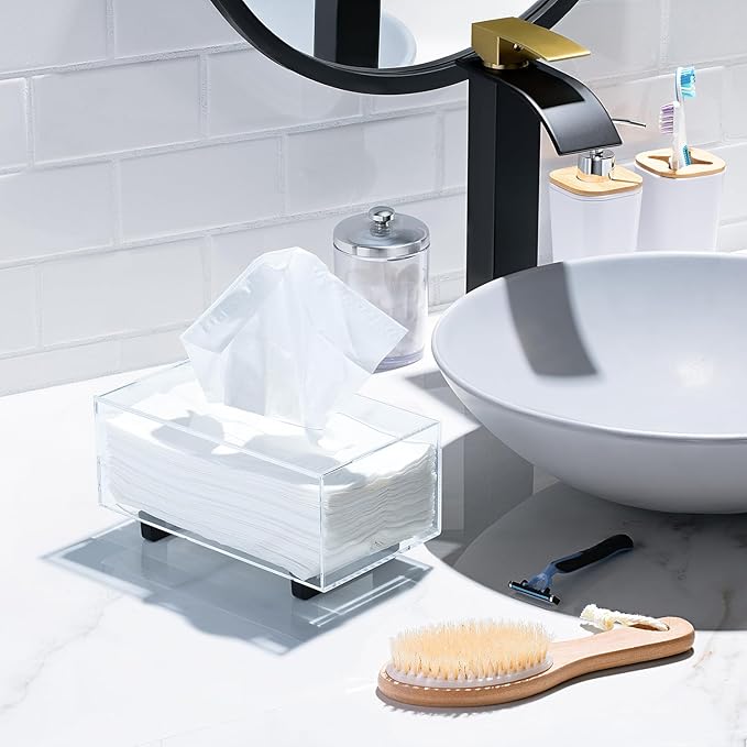 YoBa Thick Acrylic Tissue Box Holder Rectangular Tissue Box Dispenser with Black Plated Aluminum Legs for Bathroom, Kitchen, Bedroom, Office, Hotels and Restaurant (Rectangle, Clear (Black Legs))