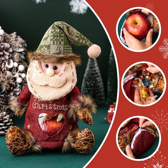 6pcs Christmas Gift Bags Zipper Design, Reusable Flax Fabric Christmas Bags For Candy, Apples (Reindeer)