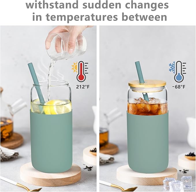 20 oz Glass Cups with Lids and Straws Iced Coffee Glasses with Silicone Protective Sleeve Drinking Glasses Set of 4 for Juice Beer Soda(Green*4)