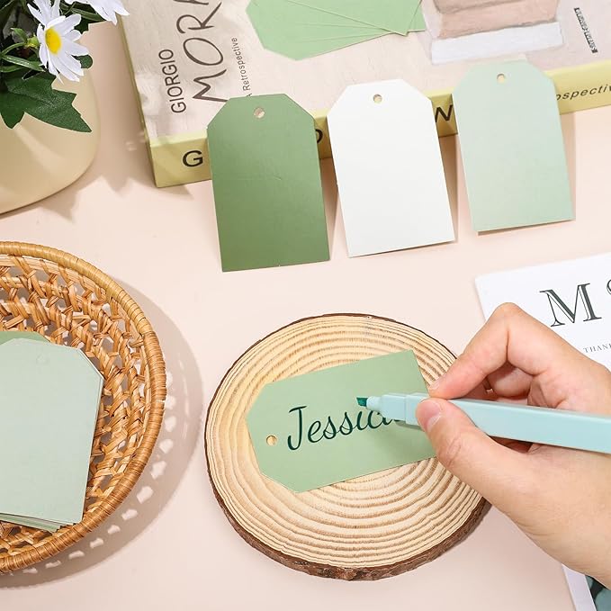 Whaline 120Pcs Sage Green Paper Gift Tags Gradient Green Hanging Labels with Hemp Ropes 4 Colors Blank Paper Tags for Wedding Birthday Holiday DIY Art Craft Supplies, 3 x 2 Inch
