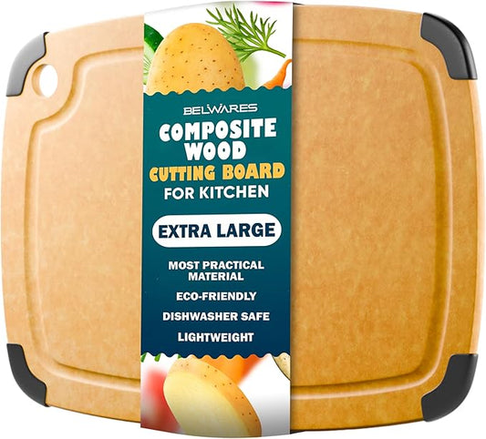 Dishwasher Safe Cutting Boards for Kitchen - Extra Large Composite Wood Cutting Board with Non-Slip Feet & Juice Groove - Thin & Lightweight Eco-Friendly Chopping Board (18" × 12", Natural)