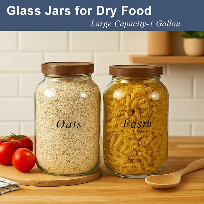 2 Pack Glass Flour Sugar Storage Containers with Acacia Wooden Lid, 1 Gallon Glass Jars with Airtight Lid, Wide Mouth Large Mason Jars 128oz for Rice, Pasta, Oats, Coffee Storage