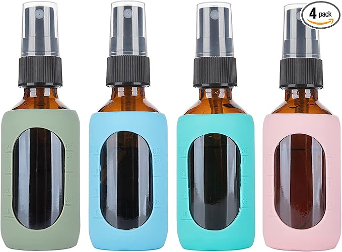 HOMBYS Empty Amber Glass 2oz Small Spray Bottles with Silicone Sleeve Protection - Refillable Containers for Travel, Cleaning Solutions, Essential Oils, Sanitizers - Fine Mist Spray - 4 Pack-Amber