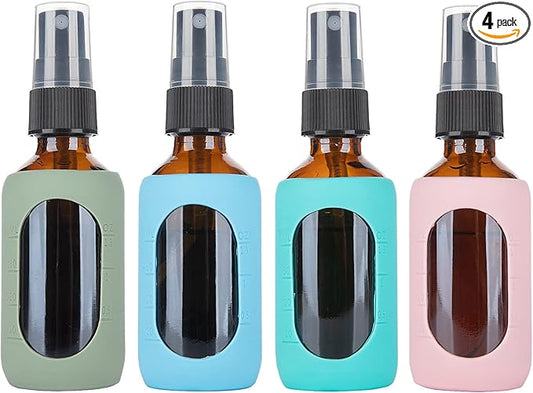 HOMBYS Empty Amber Glass 2oz Small Spray Bottles with Silicone Sleeve Protection - Refillable Containers for Travel, Cleaning Solutions, Essential Oils, Sanitizers - Fine Mist Spray - 4 Pack-Amber