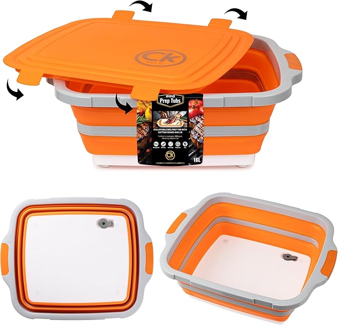 New LARGE Collapsible BBQ Prep Tub/LOCKING Lid, Cutting Board & Drain Hole | BPA-Free, Food-Grade, Recyclable, Space-Saving Buckets for Grilling, Camping, Kitchen & Outdoor Cooking (Orange, 8 Liters)