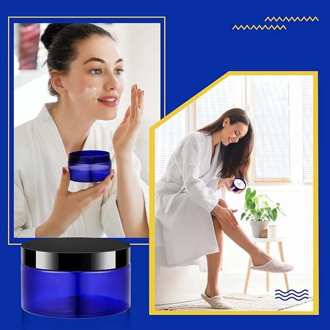 Dandat 24 Pcs 8 oz Plastic Jar Container with Lid and Label Refillable Empty Round Blue with Black PET Cosmetic Sample Containers for Lotion, Cream, Ointments, Body Butter, Makeup, Travel Storage