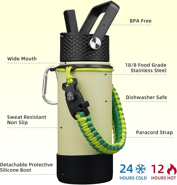 BJPKPK Water Bottle with Straw Lid, 18oz Insulated Water Bottles with 3 Lids, Paracord Handle & Non-slip Boot, Metal Stainless Steel Thermal Flasks, BPA Free Leak Proof Cups, Tumblers,Macaron Green