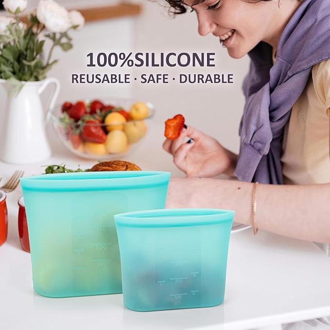 8-Pack Reusable Silicone Food Storage Bags, 100% Silicone Stand-Up Wide-Open Zip-Lock Reusable Storage Bags for Food, Freezer Microwave Oven Dishwasher Safe, Aqua, 4M 4S