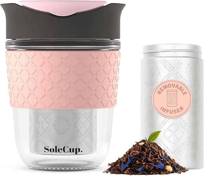 Travel Mug Loose Tea Infuser - Detachable Tea Strainer with Spillproof Lid - BPA-Free Reusable Glass Travel Coffee Cup with Silicone Band (Gray and Pink, 12oz)