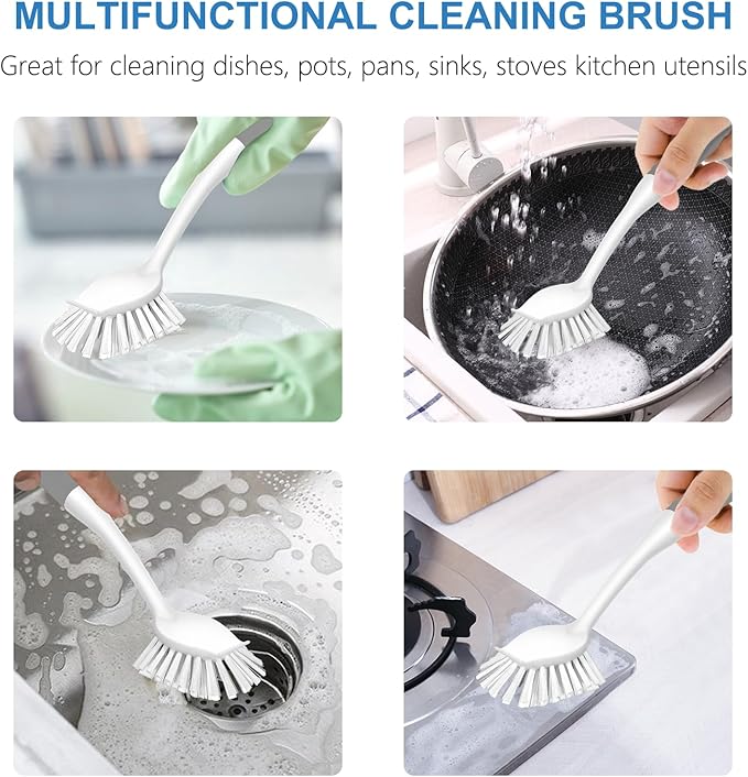SetSail Dish Brush with Handle, 2 Pack Stiff Bristles Dish Scrubber with Built-in Scraper Dish Scrub Brushes for Cleaning Dishes, Pots and Pans, Kitchen Sink, Grey