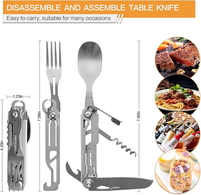 6-in-1 Detachable Camping Utensils Flatware Set, Folding Spoon Fork Knife Can Opener Combo, Stainless Steel Travel Utensil Set, Portable Cutlery Set for Travel Camping Hiking Picnic
