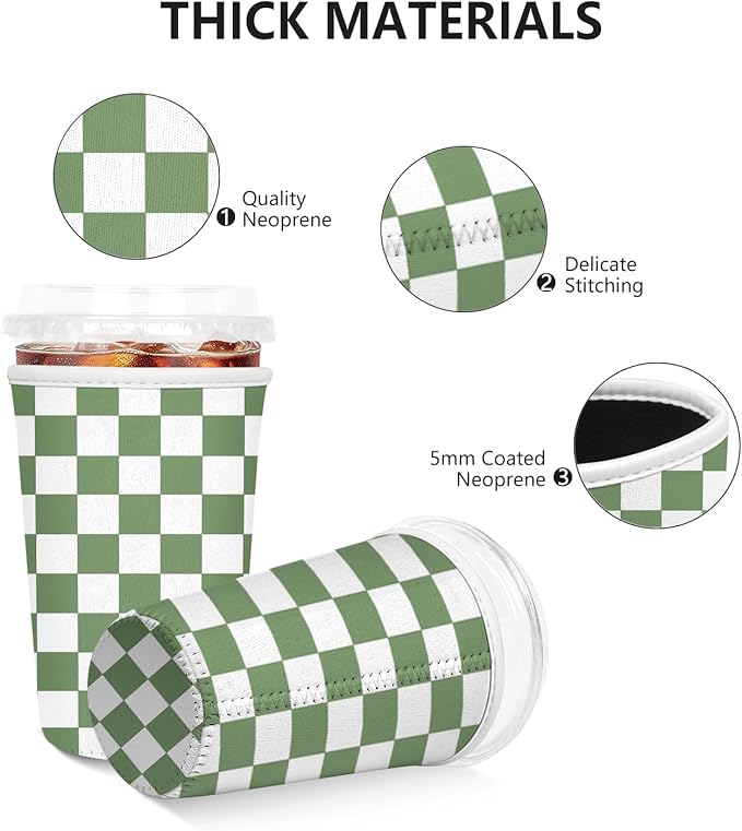 Iced Coffee Sleeve, Reusable Insulated Neoprene Cup Sleeve for Cold & Hot Drinks Beverages, Cup Holder for 32oz Coffee Cups, Green Plaid