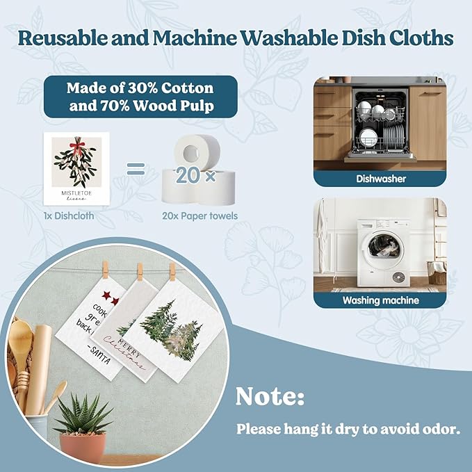Swedish Dishcloths for Kitchen, Christmas Xmas Tree Winter Kitchen Dish Towels for Washing Dishes, 4 Pack Reusable Paper Towels, Sponge Cloths for Holiday Home Cleaning Baking Cooking
