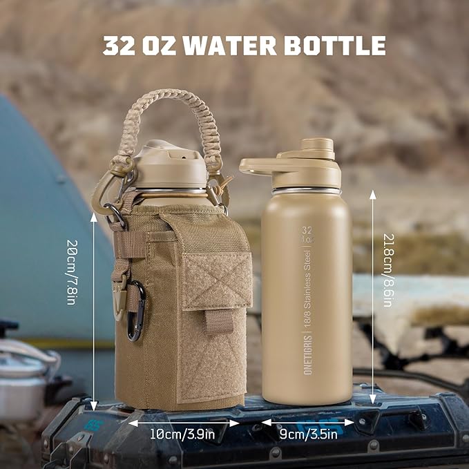 ONETIGRIS 32 oz Insulated Water Bottle with Straw - Tactical Stainless Steel Water Jug, Leakproof Thermos Wide Mouth Sport bottle with 3 Lids and Sleeve for Travel, Gym, Camping, Hiking