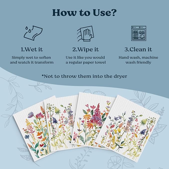 Swedish Dishcloths for Kitchen, Summer Wildflower Dish Rags Floral Kitchen Dish Towels for Washing Dishes, 4 Pack Reusable Paper Towels, Sponge Cloths for Home Cleaning Cooking Baking
