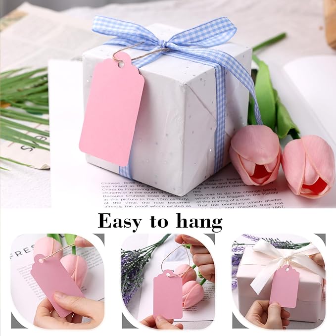 SallyFashion 120PCS Gift Tags with String 1.6 x 2.8 inch Pink Paper Hang Tags for Party Favors Baby Shower Wedding Crafts Decoration (Pink)
