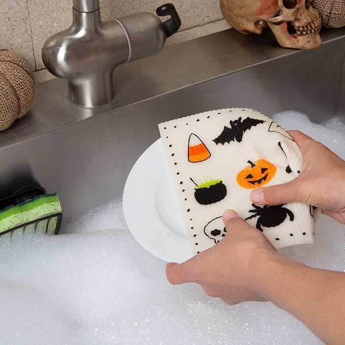 DII Swedish Dishcloths for Kitchen & Cleaning, Reusable, Machine Washable & Dishwasher Safe, Biodegradable, 7.75 x 6.75, Spooky, 3 Piece