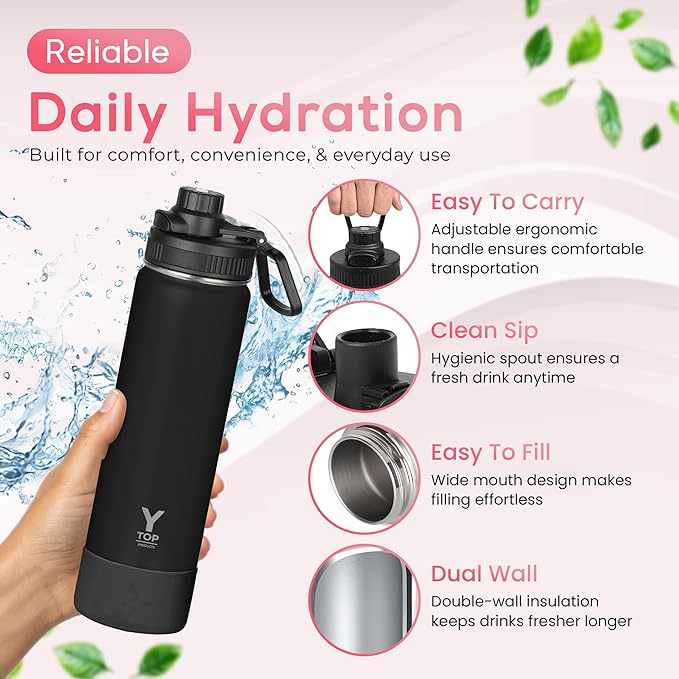 Y TOP 18 oz Insulated Water Bottle Cup Holder Friendly, Leak Proof Spout Lid, Double Wall Insulation, Dishwasher Safe, Easy Clean Stainless Steel Water Bottle for Gym Kids Sports Travel School Hiking