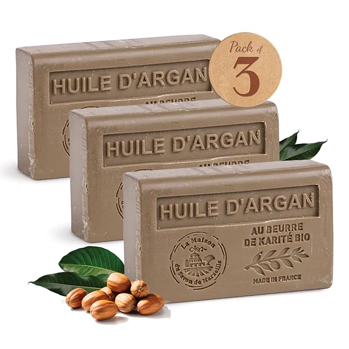 Hand & Body Soap Bars Trio - Argan Oil Moisturizing French Soap with Organic Shea Butter - Rich Creamy Lather - 97% Natural Ingredients - Solid Bath Cleanser Made in Provence - 3x4.4 oz